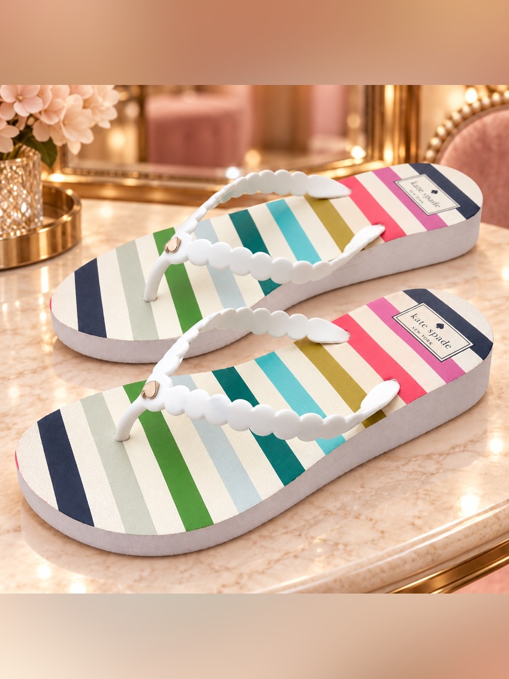 Kate Spade Multi-Color Striped Scalloped Flip Flops Sandals Size 8